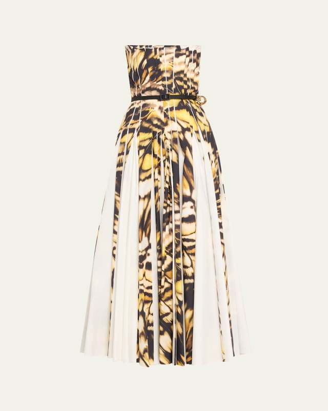 Strapless Pleated Butterfly Poplin Ankle Dress With Belt